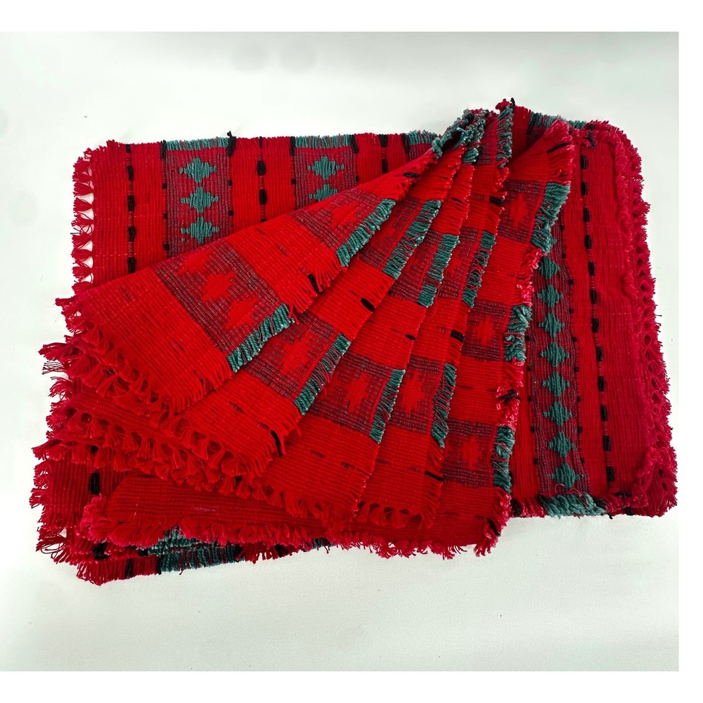 Vintage Handwoven Red Teal Geometric Placemats Set of 6 Fringed Southwestern